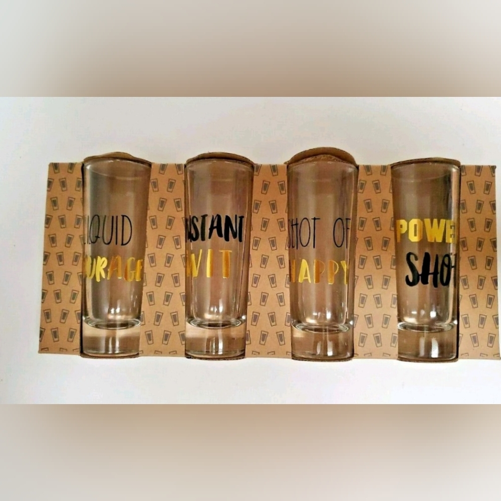 Set of 4 Tall Shooters Shot Glasses- Gold & Black "One Liners" Party Time  New